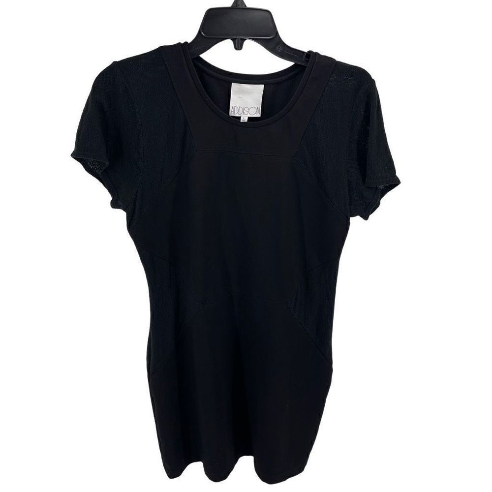 Addison Womens Sheer Shift Dress Mini Short Sleeve Stretch Black Size Large